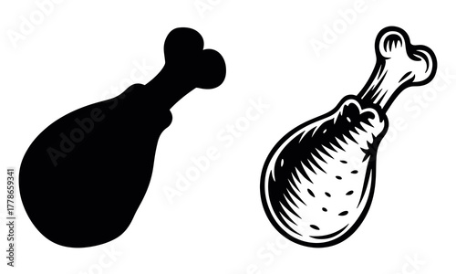 Black and white illustration featuring a chicken leg in silhouette and a detailed drawing perfect for foodrelated designs and culinary themes on a clean background