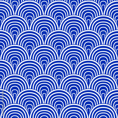 Seigaiha wave seamless pattern vector.Traditional japanese wave ocean motif illustration background.Flat style blue and white classic Indigo color.Design for wallpaper,print, textile,wrap,decoration.
