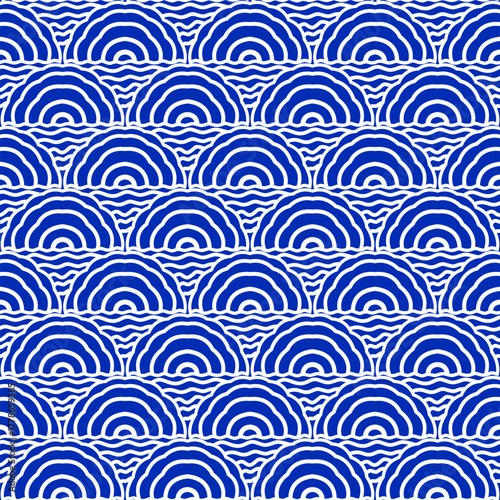 Seigaiha wave seamless pattern vector.Traditional japanese wave ocean motif illustration background.Flat style blue and white classic Indigo color.Design for wallpaper,print, textile,wrap,decoration.