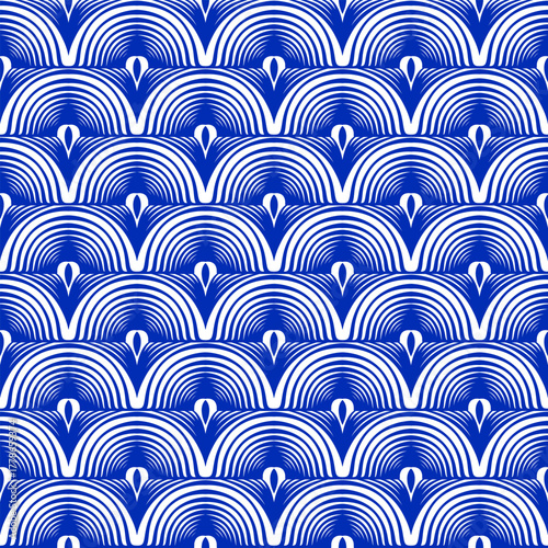 Seigaiha wave seamless pattern vector.Traditional japanese wave ocean motif illustration background.Flat style blue and white classic Indigo color.Design for wallpaper,print, textile,wrap,decoration.