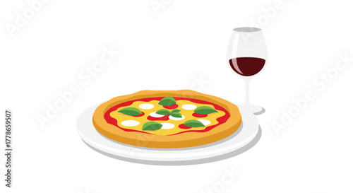 Delicious pizza margherita with basil and a glass of red wine ready to enjoy, perfect for Italian restaurants or food blogs