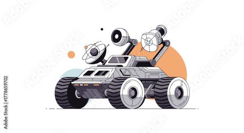 An illustration of a sophisticated space exploration rover with advanced sensors and communication dishes, designed for extraterrestrial research.