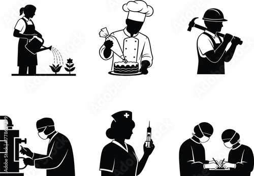 Profession Silhouettes – Vector Set of Gardener, Chef, Construction Worker, Technician, Nurse, and Surgeon