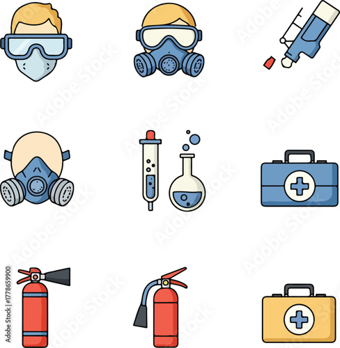 Safety equipment such as masks, respirators, and first aid kits for workplace safety or medicalrelated designs and concepts.