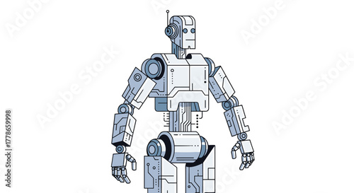 A modern humanoid robot character illustration featuring exposed circuitry and modular joints, standing against a clean white background.