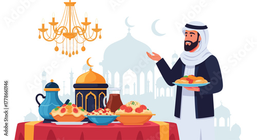 Ramadan feast with traditional arab man serving delicious iftar meal at home, vibrant islamic celebration and rich cultural heritage