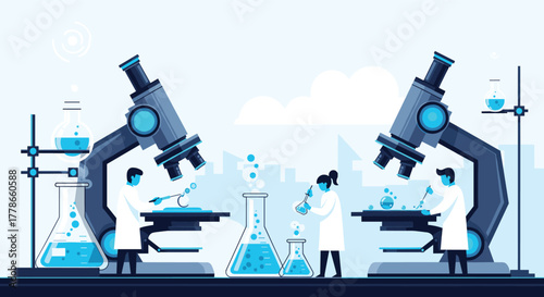 Scientists in a modern laboratory conduct experiments and research with advanced microscopes and lab equipment, symbolizing innovation and scientific discovery.