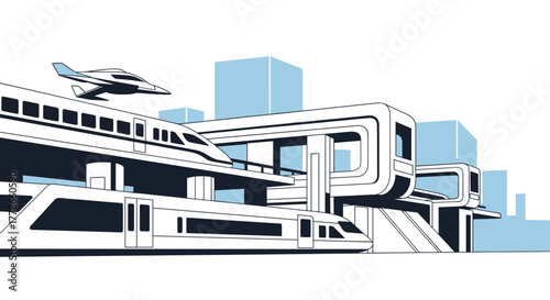 Modern transportation network in an urban environment with high-speed trains, an aircraft, and advanced transit systems.
