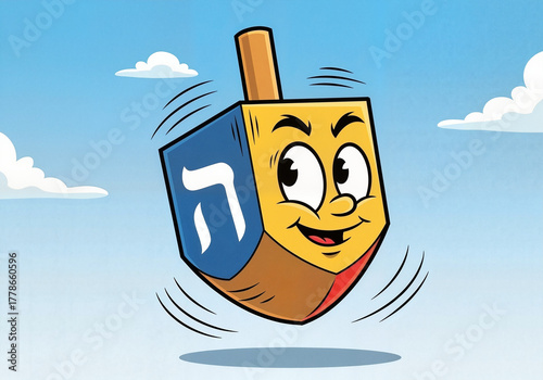 Smiling spinning dreidel against blue sky with clouds in background  
