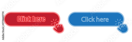 Set of two click here buttons in red and blue with a hand cursor icon