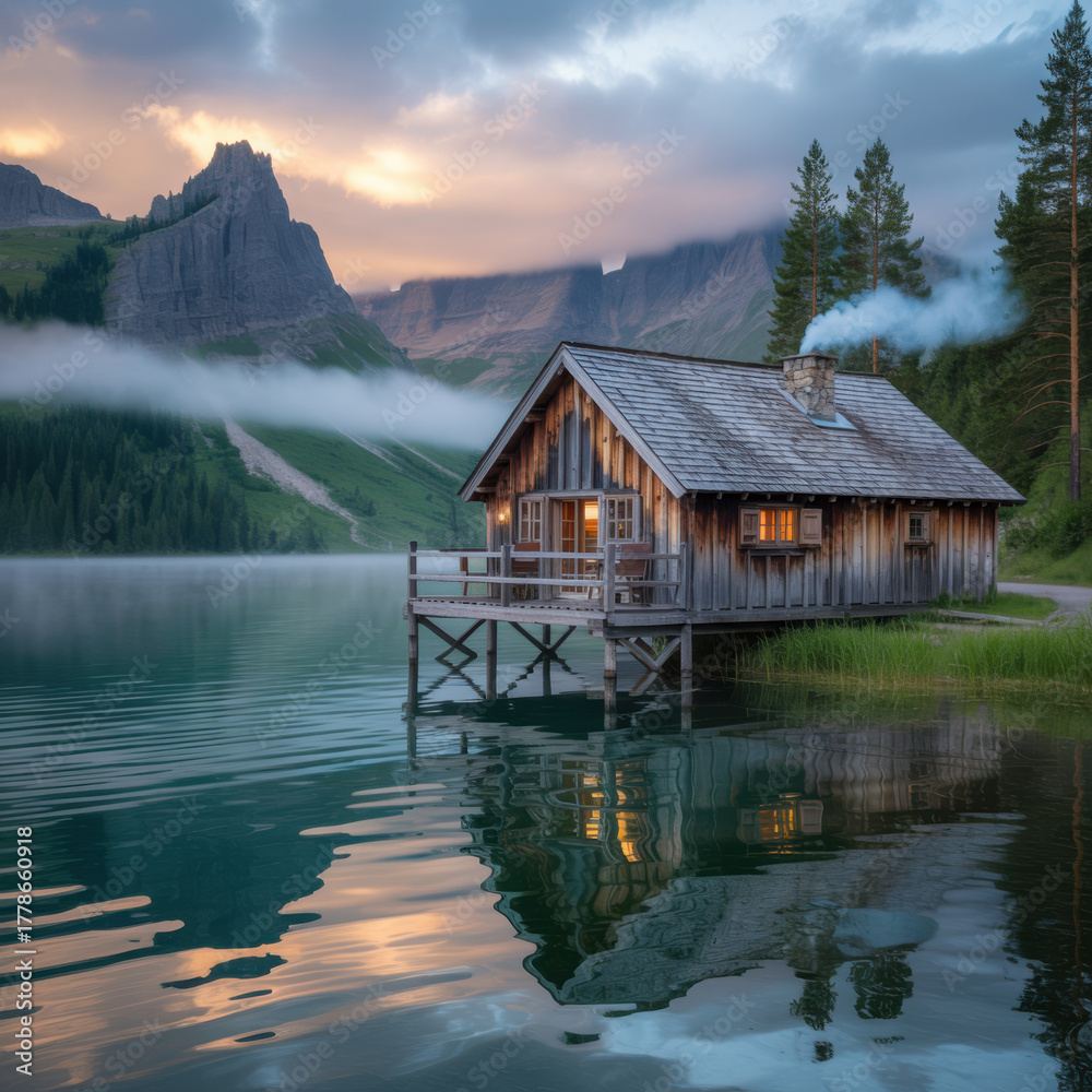 Fototapeta premium Rustic wooden cabin on a calm lake with misty mountains at sunset water reflection