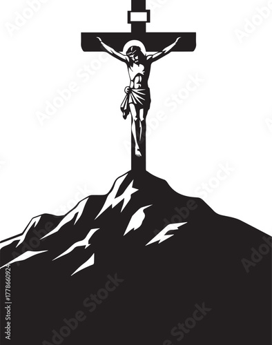 Silhouette of Jesus Christ crucified on the cross on a hill, representing Calvary/Golgotha.