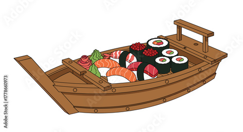 Delicious sushi boat filled with mouthwatering salmon nigiri, tuna rolls, and ikura gunkan, perfect for food blogs or restaurant promotions