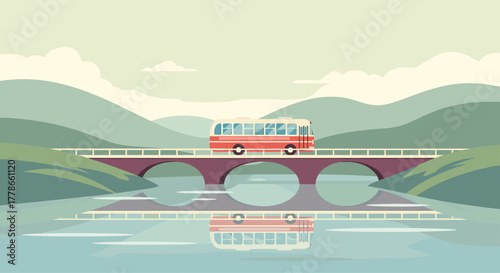 Retro bus crossing a serene bridge with tranquil water reflections creates a calming, vintage travel scene with rolling hills and peaceful nature