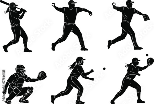 Silhouette baseball and softball players vector illustration set showing batting, pitching, catching, and fielding poses, sports training, athletic teamwork concept, isolated design
