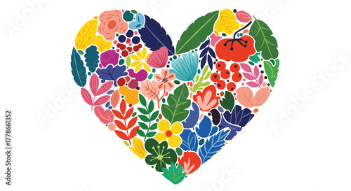 A beautifully crafted heart shape, vibrant with an array of colorful flowers, leaves, and berries, representing love, nature, and the beauty of spring.