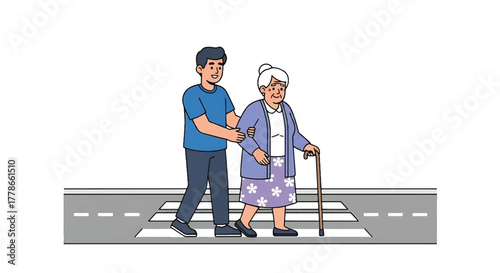 Illustration of a young man assisting an elderly woman with a cane crossing a street at a crosswalk.