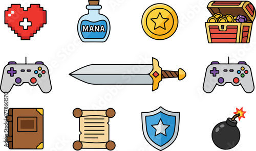 medieval weapon collection Game Element set of web icons in Flat style. Containing Health Heart, Mana Potion, Gold Coin, Treasure Chest, Sword, Game Controller, Magic Scroll, and more. High Quality