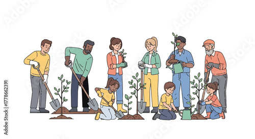 Diverse group of people planting and tending to young trees in a community garden with a clean white background.