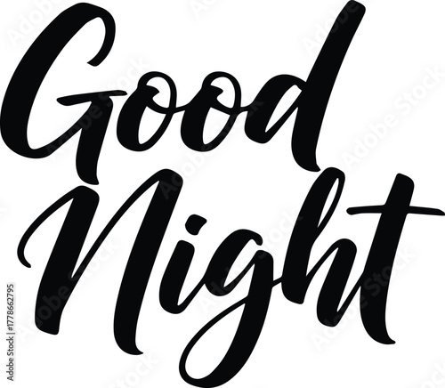 "Good Night" black brush script typography vector isolated on transparent background.