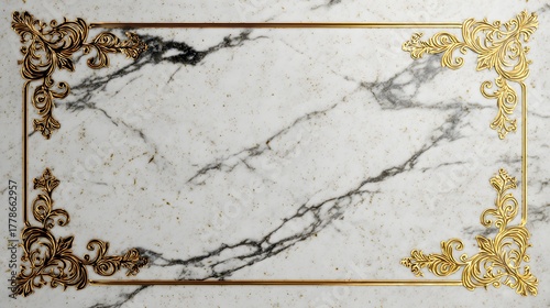 Ornate golden filigree corners frame a textured white and gray natural stone surface