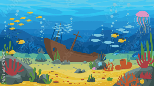 Underwater scene with shipwreck, fish, and jellyfish