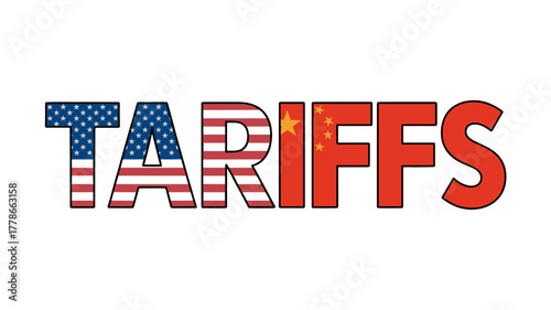 Tariffs text with American and Chinese flag. USA and China tariff conflict. Transparent PNG and vector.us, rate, import, china, chinese, market, business,