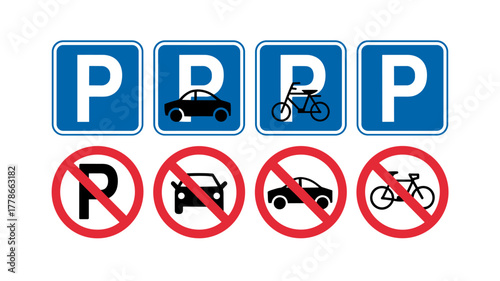 parking sign set. car, motorcycle, bicycle parking symbol. no parking icon collection. vector illustration on transparent background.signs, rule, parking, signboard, zone, traffic, clip art