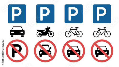 parking sign set. car, motorcycle, bicycle parking symbol. no parking icon collection. vector illustration on transparent background.signs, rule, parking, signboard, zone, traffic, clip art