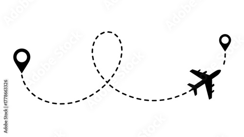 round trip travel concept. plane travelling from start point to end point with dotted line tracing. trip planning vector.map, plane, travel, tour tourism, air transport, air travel, round trip, 