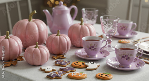 Wallpaper Mural Pink pumpkins and tea set on table with cookies for autumn celebration   Torontodigital.ca