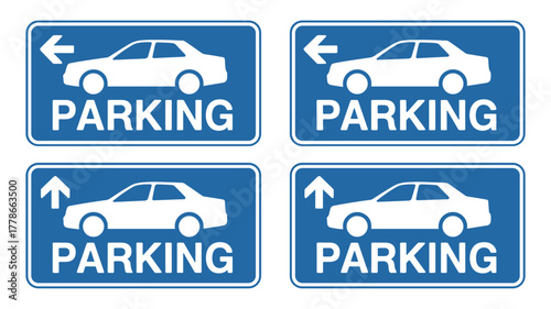 Car parking signs with direction arrow. Printable vector symbol on transparent background.zone, area, parking, road, sticker, signboard, template, information, right, signs, arrow, direction, 