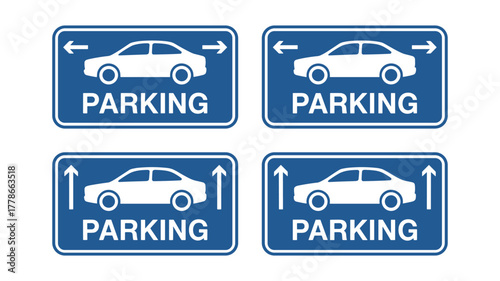 Car parking signs with direction arrow. Printable vector symbol on transparent background.zone, area, parking, road, sticker, signboard, template, information, right, signs, arrow, direction, 