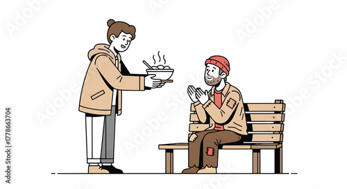 Illustration of a woman offering a hot beverage to a seated man on a bench in a simple line art style with a neutral color palette.
