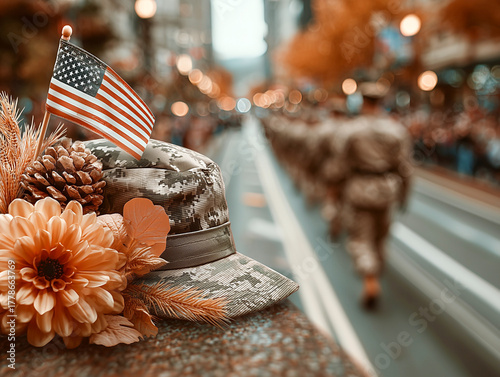 Camouflage Military Cap with American Flag and Flowers, Veterans Day Parade