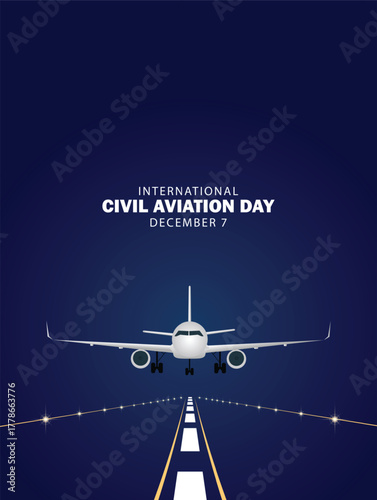 Airplane on runway celebrating International Civil Aviation Day modern blue poster design