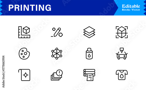 Unique Printing Industry Line Icon Collection Featuring Minimal, Professional, and Modern Vector Symbols, Perfect for Creative Projects, Clean and Simple Design Pack