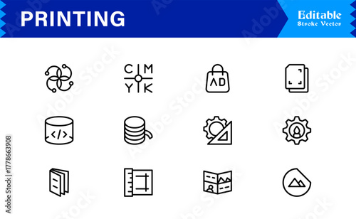 Unique Printing Industry Line Icon Collection Featuring Minimal, Professional, and Modern Vector Symbols, Perfect for Creative Projects, Clean and Simple Design Pack