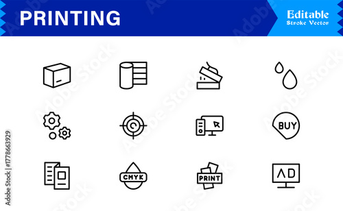 Unique Printing Industry Line Icon Collection Featuring Minimal, Professional, and Modern Vector Symbols, Perfect for Creative Projects, Clean and Simple Design Pack