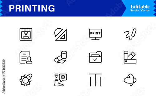 Unique Printing Industry Line Icon Collection Featuring Minimal, Professional, and Modern Vector Symbols, Perfect for Creative Projects, Clean and Simple Design Pack