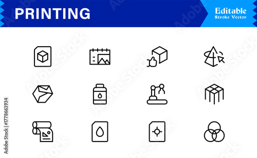 Unique Printing Industry Line Icon Collection Featuring Minimal, Professional, and Modern Vector Symbols, Perfect for Creative Projects, Clean and Simple Design Pack