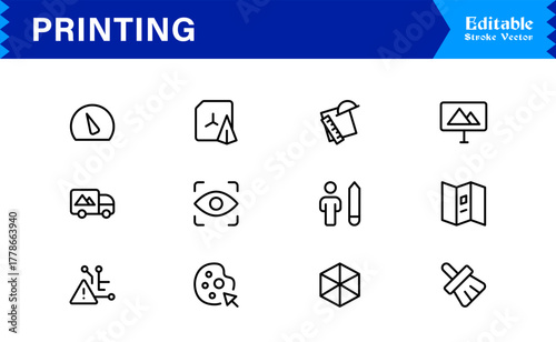 Unique Printing Industry Line Icon Collection Featuring Minimal, Professional, and Modern Vector Symbols, Perfect for Creative Projects, Clean and Simple Design Pack