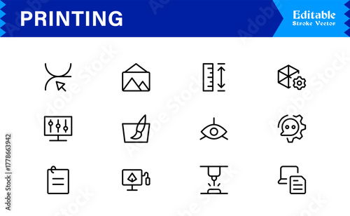Unique Printing Industry Line Icon Collection Featuring Minimal, Professional, and Modern Vector Symbols, Perfect for Creative Projects, Clean and Simple Design Pack