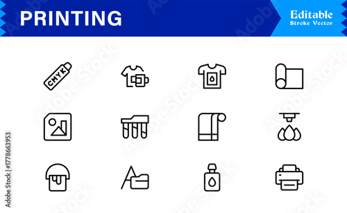 Unique Printing Industry Line Icon Collection Featuring Minimal, Professional, and Modern Vector Symbols, Perfect for Creative Projects, Clean and Simple Design Pack