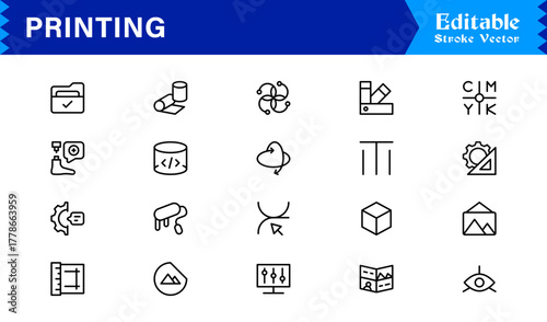 Unique Printing Industry Line Icon Collection Featuring Minimal, Professional, and Modern Vector Symbols, Perfect for Creative Projects, Clean and Simple Design Pack