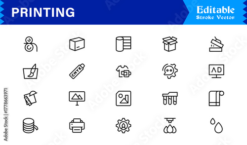 Unique Printing Industry Line Icon Collection Featuring Minimal, Professional, and Modern Vector Symbols, Perfect for Creative Projects, Clean and Simple Design Pack