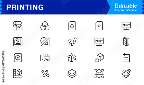 Unique Printing Industry Line Icon Collection Featuring Minimal, Professional, and Modern Vector Symbols, Perfect for Creative Projects, Clean and Simple Design Pack