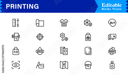 Unique Printing Industry Line Icon Collection Featuring Minimal, Professional, and Modern Vector Symbols, Perfect for Creative Projects, Clean and Simple Design Pack