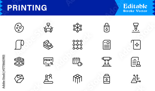 Unique Printing Industry Line Icon Collection Featuring Minimal, Professional, and Modern Vector Symbols, Perfect for Creative Projects, Clean and Simple Design Pack