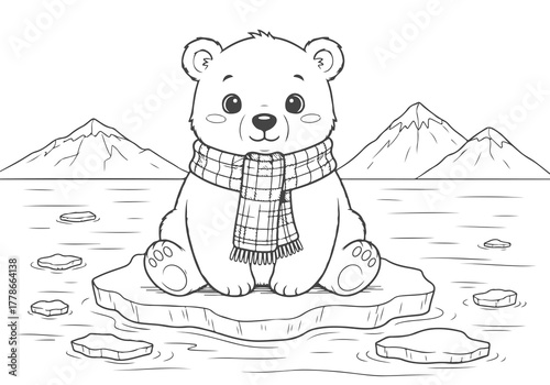 Sweet polar bear cub on an ice floe with mountains, a lovable cartoon illustration for a delightful children's animal coloring page
